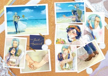 1boy 1girl back_cutout black_hair black_necktie black_pants blue_hair blue_sky bouquet breasts brown_shoes brown_vest clothing_cutout cloud commentary_request dress english_text eyes_visible_through_hair ferdinand_(honzuki_no_gekokujou) flower hashtag-only_commentary head_wreath hetero high_heels highres hitsuki_(hiidukii) holding holding_bouquet holding_hands honzuki_no_gekokujou husband_and_wife imminent_kiss jewelry lace lace-trimmed_dress lace_trim medium_breasts myne_(honzuki_no_gekokujou) necktie ocean painting_(medium) pants photo_(object) ring shoes single_sidelock sky sleeves_rolled_up smile traditional_media vest watercolor_(medium) wedding_ring