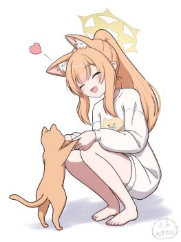 1girl absurdres alternate_costume alternate_hairstyle animal_ears barefoot blue_archive cat cat_ears cat_girl closed_eyes commentary_request full_body halo heart highres long_hair long_sleeves mari_(blue_archive) mugisepa open_mouth orange_hair ponytail shirt simple_background smile solo squatting watermark white_background white_shirt yellow_halo