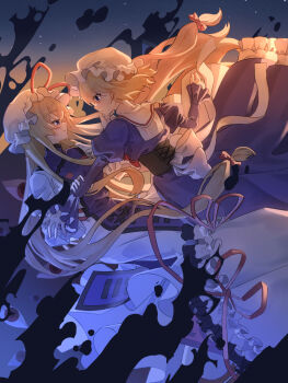 Rule 34 | 2girls, blonde hair, commentary request, dress, expressionless, floating, floating hair, frills, from side, gap (touhou), hair between eyes, hair ribbon, hand on another's arm, hand on another's chin, hat, hat ribbon, highres, long hair, long sleeves, looking at another, maribel hearn, medium hair, mob cap, multiple girls, parted lips, purple dress, purple eyes, purple tabard, red eyes, red ribbon, ribbon, shirataki oden2, sky, smile, star (sky), starry sky, tabard, touhou, very long hair, white dress, white hat, yakumo yukari