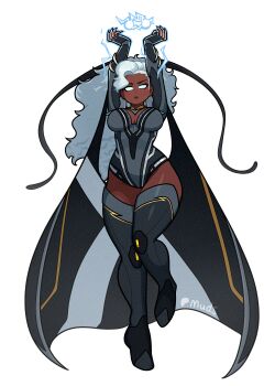 absurdres arms_up artist_name black_gloves boots breasts cape cleavage commentary dark-skinned_female dark_skin english_commentary fingerless_gloves fingernails full_body gloves glowing glowing_eyes highres large_breasts leotard lightning long_fingernails marvel marvel_rivals muds simple_background skin_tight storm_(x-men) thigh_boots thighhighs white_background white_eyes white_hair wide_hips x-men