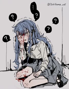 1girl bang_dream! bang_dream!_it's_mygo!!!!! blood blood_on_hands blue_hair chinese_commentary commentary_request cum cum_in_eye cum_on_body cum_on_hands ero_guro grey_skirt guro highres long_hair long_sleeves shirt sidelocks sitting skirt skull_fucking solo togawa_sakiko trembling white_shirt yellow_eyes yukikuma_(yukikuma_018)