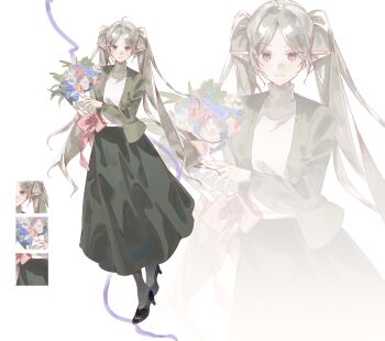 1girl absurdres ahoge black_shoes bouquet closed_mouth commentary commission elf english_commentary flower green_jacket green_skirt grey_hair high_heels highres holding holding_bouquet jacket long_hair long_sleeves looking_at_viewer original parted_bangs pointy_ears purple_eyes pyyuu shoes simple_background skirt smile twintails vgen_commission zoom_layer