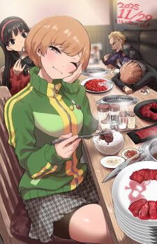 2boys 2girls absurdres amagi_yukiko badge bike_shorts black_eyes black_hair black_shorts blonde_hair blush brown_eyes brown_hair button_badge cardigan chair chopsticks closed_mouth commentary_request food good_meat_day green_jacket grey_skirt grill hairband hanamura_yousuke highres holding holding_chopsticks holding_with_chopsticks houndstooth jacket kurosususu long_hair long_sleeves multiple_boys multiple_girls on_chair one_eye_closed persona persona_4 pleated_skirt red_cardigan red_hairband satonaka_chie school_uniform short_hair shorts shorts_under_skirt sitting skirt table tatsumi_kanji track_jacket yakiniku yasogami_school_uniform