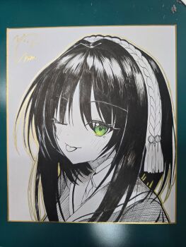 Rule 34 | 1girl, :p, absurdres, black hair, blush, closed mouth, collared shirt, eyes visible through hair, green eyes, hair between eyes, hair intakes, hair ornament, hairband, highres, hitachi mako, looking at viewer, official alternate costume, partially colored, photo (medium), portrait, school uniform, senren banka, serafuku, shikishi, shirt, short hair with long locks, signature, simple background, smile, solo, tassel, tassel hair ornament, tongue, tongue out, uoouchan, white background