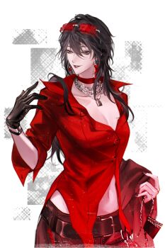 1girl belt black_eyes black_gloves black_hair breasts chain chain_necklace chinese_commentary choker clapperboard cleavage collarbone commentary_request deren_(path_to_nowhere) earrings eyewear_on_head film_reel gloves hair_between_eyes half-closed_eyes hand_up highres holding holding_unworn_clothes jewelry lock lock_necklace long_hair looking_at_hand looking_to_the_side messy_hair miaotae multiple_necklaces navel necklace padlock pants parted_lips path_to_nowhere red-tinted_eyewear red_choker red_pants red_shirt shirt silver_necklace smile solo stomach tinted_eyewear upper_body