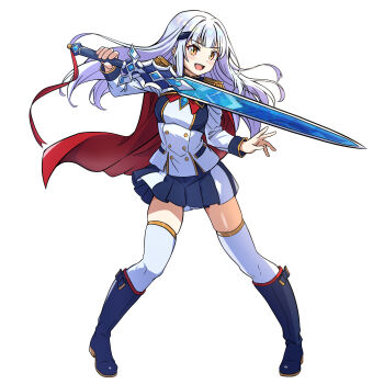 1girl absurdres akua_(akua326326326) black_boots blush boots breasts commentary_request full_body grey_hair highres holding holding_sword holding_weapon long_hair medium_breasts military_uniform open_mouth original skindentation skirt solo sword thighhighs very_long_hair weapon white_background white_thighhighs yellow_eyes