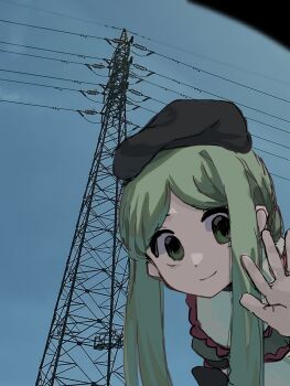 Rule 34 | 1girl, amadare rak, bib collar, black hat, closed mouth, commentary request, empty eyes, green eyes, green hair, hand up, hat, highres, light smile, looking at viewer, muted color, outdoors, overcast, short hair with long locks, sky, solo, teireida mai, touhou, transmission tower, upper body, waving