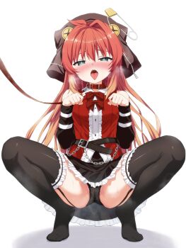 1girl absurdres animal_collar aqua_eyes bdsm belt belt_buckle black_belt black_panties black_skirt black_thighhighs blush bow bowtie breasts buckle center_frills collar commentary_request commission crotch_seam detached_sleeves fortissimo//akkord:bsusvier frilled_shirt frilled_skirt frilled_thigh_strap frills full_body hands_up heart heart-shaped_pupils highres leash loli long_hair long_sleeves looking_at_viewer manbo2024 miniskirt no_shoes nose_blush open_mouth panties pet_play raised_inner_eyebrows red_bow red_bowtie red_collar red_hair red_shirt saliva saliva_trail satomura_momiji shirt single_hair_intake skeb_commission skirt slave sleeveless sleeveless_shirt small_breasts solo spread_legs squatting steaming_body straight_hair sweat symbol-shaped_pupils thigh_strap thighhighs tongue tongue_out underwear wet wet_clothes wet_panties