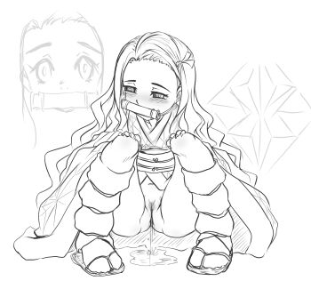 1girl bit_gag blush claws exchi.exconner gag hair_ribbon hands_on_own_knees haori japanese_clothes kamado_nezuko kimetsu_no_yaiba kimono long_hair looking_to_the_side monochrome navel no_panties obi peeing pubic_hair puddle pussy ribbon sandals sash socks squatting