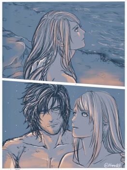 1boy 1girl arm_around_shoulder black_hair border braid clive_rosfield commentary_request couple final_fantasy final_fantasy_xvi grey_hair hair_between_eyes hand_in_another&#039;s_hair hetero horoq3 jill_warrick light_smile long_hair looking_at_another muscular muscular_male nude ocean parted_lips short_hair side_braid twitter_username white_border