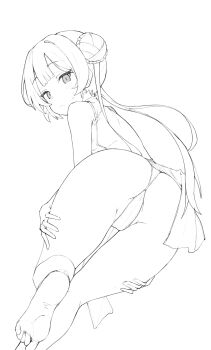 1girl absurdres ass back_cutout backless_dress backless_outfit bare_back bare_legs bare_shoulders barefoot blue_archive blush braid braided_bun cameltoe china_dress chinese_clothes closed_mouth clothing_cutout crotch double-parted_bangs dress expressionless feet feet_up from_behind grey_eyes hair_bun hands_on_own_thighs highres kisaki_(blue_archive) leaning_forward light_blush loli long_hair looking_at_viewer looking_back no_halo pelvic_curtain s10021 sidelocks simple_background sketch sleeveless sleeveless_dress soles solo sweatdrop thighs toes turtleneck turtleneck_dress twintails very_long_hair white_background