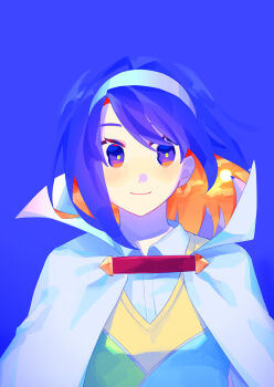 1girl absurdres blue_background blue_hair bright_pupils cape closed_mouth cloud collared_cape collared_shirt colored_inner_hair commentary dot_nose dress dress_shirt eyelashes gradient_eyes hairband happy high_collar highres light_blush long_sleeves looking_at_viewer multicolored_dress multicolored_eyes multicolored_hair multicolored_hairband orange_eyes orange_hair patchwork_clothes purple_eyes rainbow_gradient re1re133 shirt shirt_under_dress short_hair simple_background smile solo sun sunset swept_bangs tenkyuu_chimata touhou upper_body white_cape white_shirt yellow_pupils