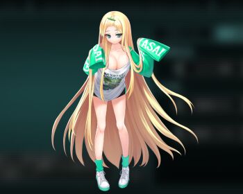 1girl :< aqua_eyes aqua_socks bags_under_eyes bare_shoulders black_shorts blonde_hair blurry blurry_background breasts cleavage closed_mouth collarbone dmm full_body game_cg green_shirt green_sleeves hands_up huge_breasts jitome large_variant_set leaning_forward long_hair long_sidelocks long_sleeves looking_down loriya_romanovich naked_shirt non-web_source oosaki_shin'ya oversized_clothes oversized_shirt shirt shoes short_shorts shorts sidelocks sleeves_past_fingers sleeves_past_wrists socks solo standing tachi-e tokyo_necro tokyo_necro_suicide_mission two-tone_shirt variant_set very_long_hair very_long_sidelocks white_shirt white_shoes wide_sleeves