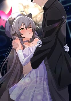 1boy 1girl ahoge animal_ear_fluff animal_ears bare_shoulders black_jacket blue_archive blurry blurry_background blush brown_eyes choker commentary_request depth_of_field dress elbow_gloves glint gloves grey_choker grey_dress grey_hair grey_hat hair_between_eyes half-closed_eyes halo hat highres jacket jewelry michiru_(blue_archive) michiru_(dress)_(blue_archive) mikami_makoto_(makot0_01) parted_lips pleated_dress raccoon_ears raccoon_girl raccoon_tail ring sensei_(blue_archive) sleeveless sleeveless_dress small_sweatdrop sweat tail textless_version white_gloves