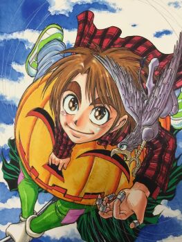 1boy bird closed_mouth flying fujita_kazuhiro full_body highres jack-o'-lantern karakuri_circus looking_at_viewer puppet_strings saiga_masaru smile