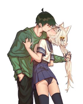 1boy 1girl black_panties cat_girl filian_(vtuber) french_kiss grabbing_another&#039;s_hair green_jacket hair_pulled_back height_difference highres holding_another&#039;s_hair indie_virtual_youtuber jacket kiss otjareniy panties school_uniform underwear upskirt vedal987 virtual_youtuber white_hair