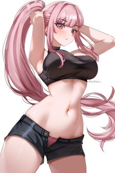1girl absurdres alternate_costume armpits artist_name black_shorts blunt_bangs blush breasts cowboy_shot crop_top eyebrows_hidden_by_hair hair_up helldeer highres hololive hololive_english large_breasts long_hair looking_at_viewer midriff mori_calliope navel open_fly pale_skin partially_unzipped pink_eyes pink_hair ponytail short_shorts shorts sidelocks simple_background sleeveless sleeveless_turtleneck solo straight_hair turtleneck twitter_username tying_hair white_background