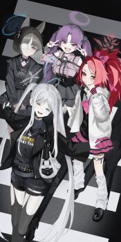 4girls absurdres alternate_costume alternate_hairstyle animal_ears black_hair black_shirt black_shoes black_shorts black_skirt blue_archive blunt_ends bone_hair_ornament cat_ears center_frills closed_mouth commentary_request crosswalk double_v eyepatch fang fingernails frills frown grey_eyes grey_hair hair_ornament halo highres hyakkaryouran_(blue_archive) jirai_kei kikyou_(blue_archive) korean_commentary lolita_fashion long_fingernails long_hair long_sleeves looking_at_viewer loose_socks medical_eyepatch multiple_girls nagusa_(blue_archive) nail_polish one_eye_covered open_mouth outstretched_arms pink_shirt ponytail purple_eyes purple_hair red_eyes red_hair renge_(blue_archive) shirt shoes short_hair short_shorts shorts skin_fang skirt smile socks spread_arms standing toulalan twintails v v-shaped_eyebrows white_socks yukari_(blue_archive)