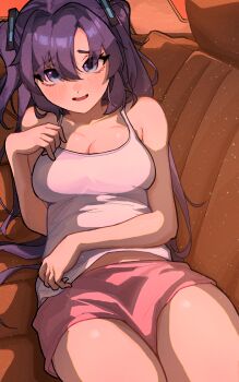 1girl absurdres alternate_costume bare_arms bare_shoulders blue_archive blush breasts cleavage commentary_request doufu1013 hair_between_eyes highres large_breasts long_hair looking_at_viewer lying pink_shorts purple_eyes purple_hair shorts smile solo tank_top thighs two_side_up white_tank_top yuuka_(blue_archive)