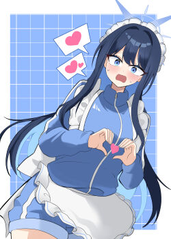 1girl absurdres apron blue_archive blue_background blue_eyes blue_hair blue_halo commentary_request erum_4066 hair_between_eyes halo heart heart_hands highres jersey jersey_maid korean_commentary long_hair maid maid_apron maid_headdress open_mouth saori_(blue_archive) solo speech_bubble thighs two-tone_background unconventional_maid white_apron white_background white_headdress