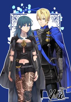 Rule 34 | 1boy, 1girl, armor, black armor, black cape, black pants, blonde hair, blue cape, blue eyes, blue hair, breastplate, breasts, brown pantyhose, bustier, cape, closed mouth, clothing cutout, commentary request, dagger, dimitri alexandre blaiddyd, female byleth (fire emblem), fire emblem, fire emblem: three houses, garreg mach monastery uniform, gauntlets, hand on own hip, kero sweet, knife, long sleeves, looking at viewer, medium breasts, navel, navel cutout, nintendo, pants, pantyhose, short hair, short shorts, short sleeves, shorts, side cape, smile, solo, standing, stomach, weapon