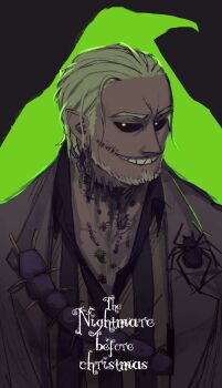 1boy black_sclera bug colored_sclera copyright_name green_eyes highres hofq-dull3 humanization male_focus oogie_boogie short_hair simple_background smile smirk solo spider tagme the_nightmare_before_christmas