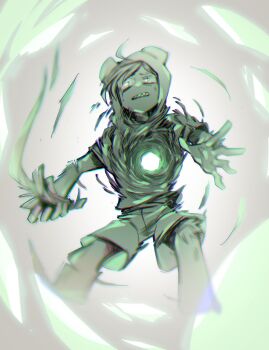 adventure_time colored_skin fern_(adventure_time) green_eyes green_skin holding holding_sword holding_weapon hungeronion male_focus monster_boy plant_boy sharp_teeth shirt shorts sword teeth weapon