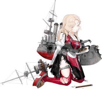 1girl akira_(kadokawa) bad_link black_skirt blonde_hair cross eidsvold_(kancolle) full_body grey_eyes hat kantai_collection kneeling long_hair looking_at_viewer machinery mast official_art pantyhose red_hat red_thighhighs ribbon skirt smokestack solo standing thighhighs transparent_background