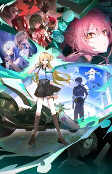 Rule 34 | 4boys, 4girls, abby (wuthering waves), absurdres, aemeath (wuthering waves), bandage over one eye, black jacket, black skirt, blonde hair, blue sky, breasts, commentary, cristoforo (wuthering waves), day, earrings, english commentary, grey hair, highres, jacket, jewelry, long hair, luuk herssen (wuthering waves), lynae (wuthering waves), male rover (wuthering waves), medium breasts, mornye (wuthering waves), motor vehicle, motorcycle, multiple boys, multiple girls, nimiru namire, phrolova (wuthering waves), purple eyes, rover (wuthering waves), scar (wuthering waves), shirt, skirt, sky, split theme, star (symbol), star earrings, white shirt, wuthering waves