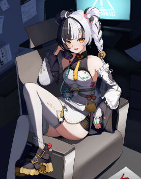 1girl absurdres ahoge animal_print bare_shoulders bear_print black_boots black_hair blush boots braid braided_twintails breasts chair china_dress chinese_clothes collarbone commentary_request corded_phone dialyn_(zenless_zone_zero) dress earrings foot_out_of_frame hair_extensions hair_ornament hairclip hand_up highres holding holding_phone indoors jewelry jiyamig long_hair looking_at_viewer lower_teeth_only medium_breasts multicolored_hair necktie on_chair open_mouth panda_hair_ornament panda_print paper phone ring_hair_extensions sitting smile solo split-color_hair teeth thighhighs white_hair white_thighhighs yellow_eyes yellow_necktie zenless_zone_zero