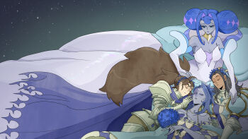 4girls absurdres andrea_(knights_of_guinevere) armor blue_hair bouquet breasts brown_hair cape cleavage colored_inner_hair colored_skin double_bun faithschaffer flower flower_wreath francesca_(knights_of_guinevere) grey_skin hair_bun hair_intakes highres humanoid_robot knights_of_guinevere lap_pillow multicolored_hair multiple_girls official_art ponytail princess_guinevere robot robot_girl sleeping