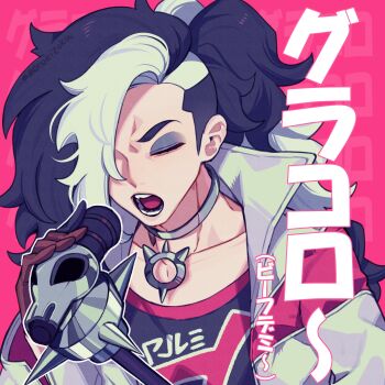 1boy absurdres black_hair choker collarbone commentary_request crew_neck eyeshadow gerokizoku gloves highres holding holding_microphone jacket makeup male_focus medium_sideburns microphone microphone_stand multicolored_hair nintendo open_clothes open_jacket open_mouth piers_(pokemon) pink_background pokemon pokemon_swsh ponytail shirt solo streaked_hair teeth translation_request twitter_username white_hair white_jacket