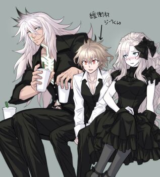 1girl 2boys alternate_costume between_legs black_dress black_pants black_pantyhose black_shirt blue_eyes blush body_markings breasts commentary cup dress facial_mark fate/grand_order fate_(series) green_eyes grey_background grey_hair hair_between_eyes hand_between_legs highres holding holding_cup husband_and_wife kriemhild_(fate) long_sleeves looking_at_another medium_breasts mole mole_under_eye multiple_boys nervous nervous_sweating official_alternate_costume pants pantyhose partially_unbuttoned red_eyes ria_(ria89921957) shirt short_hair short_sleeves shy sieg_(fate) siegfried_(fate) siegfried_(super_cool_biz)_(fate) simple_background smile sweat white_hair