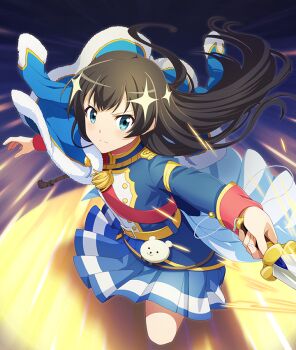 Rule 34 | 1girl, belt, black hair, blue eyes, blue jacket, blue skirt, closed mouth, diffraction spikes, double-parted bangs, fur-trimmed jacket, fur trim, game cg, holding, holding sword, holding weapon, jacket, jacket on shoulders, kagura hikari, long hair, long sleeves, looking at viewer, lunging, official art, outstretched arm, red sash, sash, shoujo kageki revue starlight, skirt, solo, sparkle, stab, sword, third-party source, toji no miko, toji no miko: kizamishi issen no tomoshibi, weapon, yellow belt