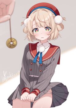 Rule 34 | 1girl, absurdres, beret, blonde hair, blush, dated, dress, green eyes, hair ornament, haruki (colorful macaron), hat, heart, heart-shaped pupils, highres, hypnosis, indie virtual youtuber, mind control, motion blur, panties, panty peek, pendulum, pom pom (clothes), pom pom hair ornament, shigure ui (1st costume) (vtuber), shigure ui (vtuber), signature, striped clothes, striped dress, sweat, symbol-shaped pupils, underwear, virtual youtuber, white panties