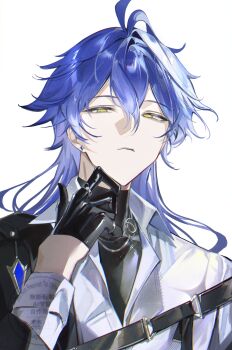 Rule 34 | absurdres, ahoge, black gloves, commentary, earrings, flins (genshin impact), genshin impact, gloves, hand on own face, highres, jewelry, long hair, looking at viewer, messy hair, r aeel, shirt, solo, solo focus, symbol-only commentary, white background, white shirt, yellow eyes