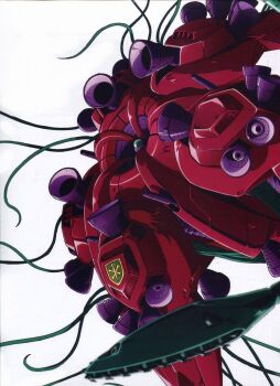 1990s_(style) blurry blurry_foreground cable crossbone_vanguard damaged dirty emblem gundam gundam_f91 highres katoki_hajime machinery mecha mecha_focus mobile_armor no_humans official_art promotional_art rafflesia_(gundam) retro_artstyle robot roundel scan science_fiction tentacles thrusters vernier_thrusters white_background