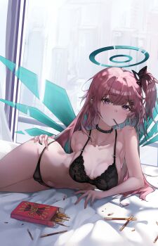 1girl absurdres ambriel_(arknights) arknights black_bra black_panties bra breasts collarbone commentary_request commission energy_wings food food_in_mouth hair_ornament hairclip halo highres indoors infection_monitor_(arknights) kinoshita_(user_wzdt8223) large_breasts lingerie long_hair looking_at_viewer mouth_hold navel one_side_up panties pink_hair pixiv_commission pocky pocky_in_mouth purple_eyes solo stomach underwear underwear_only very_long_hair