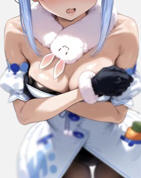 1girl alternate_breast_size_(larger) bare_shoulders black_gloves black_leotard black_pantyhose blue_hair blurry breasts cleavage coat coat_dress commentary covering_breasts covering_privates crossed_arms depth_of_field detached_sleeves don-chan_(usada_pekora) dress fur-trimmed_coat fur-trimmed_gloves fur_scarf fur_trim gloves grey_background head_out_of_frame highres hololive large_breasts leotard leotard_under_clothes nyarurato0debu open_mouth pantyhose playboy_bunny puffy_detached_sleeves puffy_short_sleeves puffy_sleeves scarf short_sleeves sidelocks simple_background solo strapless strapless_leotard usada_pekora usada_pekora_(1st_costume) virtual_youtuber white_coat white_scarf white_sleeves
