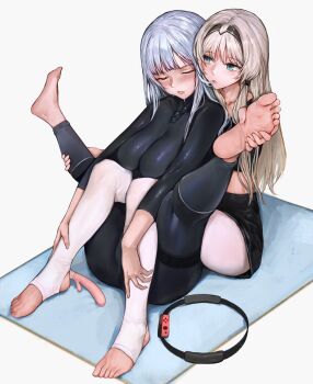 2girls absurdres ak-12_(girls'_frontline) an-94_(girls'_frontline) bad_id bad_pixiv_id bodysuit breasts controller dildo feet foot_focus holding_with_feet game_controller girls'_frontline highres hug hug_from_behind iuui joy-con legs_up long_hair medium_breasts multiple_girls rabbit_vibrator ring-con ring_fit_adventure sex_toy short_hair silver_hair skin_tight soles spread_legs stirrup_legwear toeless_legwear toes vibrator yuri