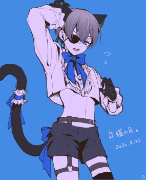 Rule 34 | 1boy, animal ears, arm up, bishounen, black gloves, blue background, blue eyes, blue ribbon, cat boy, cat ears, cat tail, ciel phantomhive, commentary request, crop top, cropped legs, dated, earrings, eyepatch, frilled sleeves, frills, garter belt, gloves, highres, jewelry, kuroshitsuji, limited palette, long sleeves, male focus, midriff, open mouth, ribbon, short hair, shorts, solo, tail, tail ornament, teeth, upper body, upper teeth only, yu ki koo