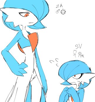 1boy 1girl :| alpha_pokemon alternate_color arm_at_side blue_hair blue_skin bob_cut closed_mouth colored_skin constricted_pupils cowboy_shot expressionless eye_contact flat_color flying_sweatdrops gardevoir gen_3_pokemon hair_over_one_eye half-closed_eyes hand_on_own_hip hands_up height_difference iroai-chan jitome looking_at_another looking_down looking_up mars_symbol multicolored_skin nervous nintendo one_eye_covered own_hands_together pokemon pokemon_(creature) pokemon_legends:_z-a pokemon_sv shiny_pokemon short_hair simple_background sketch standing sweat trap two-tone_skin upper_body venus_symbol white_background white_skin wide-eyed