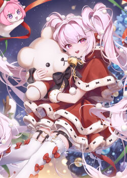 1girl aeon_ion alice_(nikke) alternate_costume commentary_request doro_(nikke) dress fur-trimmed_dress fur_trim goddess_of_victory:_nikke hair_ornament hairpin highres long_hair looking_at_viewer open_mouth pink_hair red_eyes santa_costume santa_dress smile solo stuffed_animal stuffed_toy teddy_bear thigh_strap thighhighs twintails very_long_hair white_thighhighs
