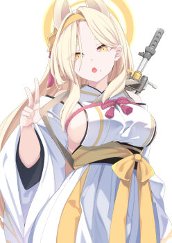 1girl animal_ears battle_rifle blonde_hair blue_archive breasts extra_ears eyeshadow fox_ears gun hair_over_one_eye hairband hakama halo highres howa_type_64 japanese_clothes kaho_(blue_archive) kimono kuronekosimobe long_hair makeup mole mole_under_mouth open_mouth orange_hairband orange_halo pink_eyeshadow rifle short_eyebrows sideboob sideless_kimono sleeveless sleeveless_kimono solo thick_eyebrows weapon white_background white_hakama white_kimono yellow_hairband