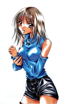 Rule 34 | 1girl, alternate costume, black shorts, blue shirt, brown eyes, brown hair, chain, chain necklace, commentary, detached sleeves, final fantasy, final fantasy viii, hands up, happy, jewelry, long hair, looking at viewer, marker (medium), nakari sai, necklace, open mouth, ring, ring necklace, rinoa heartilly, shirt, short shorts, shorts, simple background, sleeveless, sleeveless shirt, smile, solo, traditional media, turtleneck, turtleneck shirt, upper body, white background