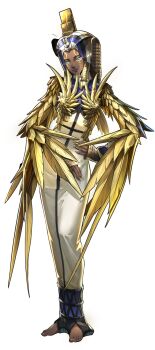 1girl ancient_egyptian_clothes aqua_eyes artist_request barefoot demon_(megami_tensei) female_focus full_body golden_feathers hand_on_own_hip highres isis_(megami_tensei) official_art persona persona_5 persona_5:_the_phantom_x purple_lips shin_megami_tensei solo third-party_source transparent_background yellow_nails