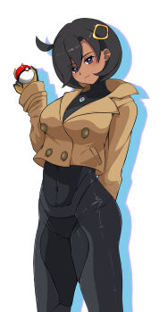 1girl :3 absurdres arm_behind_back black_bodysuit black_gloves black_hair blue_eyes bodysuit bodysuit_under_clothes breasts brown_jacket cameltoe closed_mouth commentary_request covered_navel cowboy_shot dark-skinned_female dark_skin drop_shadow emma_(pokemon) gloves hair_between_eyes hair_ornament hand_up hatena_(kotonakieru) head_tilt highres holding holding_poke_ball jacket large_breasts latex latex_bodysuit long_sleeves looking_at_viewer mega_stone nintendo orange_gloves partial_commentary poke_ball poke_ball_(basic) pokemon pokemon_legends:_z-a shadow short_hair sidelocks simple_background skin_tight smile solo standing swept_bangs two-tone_gloves white_background