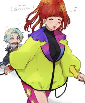 2girls chiimako detached_hood earrings gnosia gradient_clothes gradient_shirt green_sleeves heart heart_earrings heart_tattoo jewelry long_hair long_sleeves looking_at_viewer multiple_girls open_mouth shirt short_hair simple_background sq_(gnosia) tattoo two-tone_shirt yuri_(gnosia)