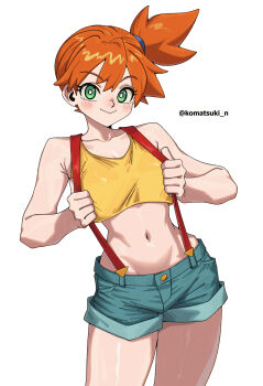 1girl bare_arms bare_shoulders blush breasts bright_pupils closed_mouth collarbone cowboy_shot crop_top denim denim_shorts green_eyes komatsuki_n looking_at_viewer midriff misty_(pokemon) navel nintendo orange_hair pokemon pokemon_(anime) pokemon_(classic_anime) pokemon_rgby ponytail shirt short_hair short_shorts shorts side_ponytail simple_background sleeveless sleeveless_shirt smile solo suspender_shorts suspenders tank_top thighs twitter_username white_background white_pupils yellow_shirt yellow_tank_top