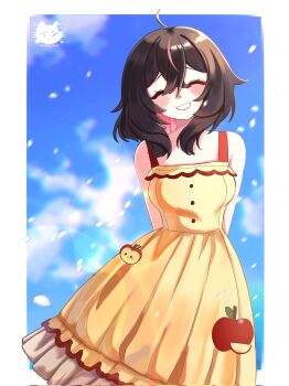 1girl ahoge apple arms_behind_back artist_logo artist_name blue_sky breasts brown_hair closed_eyes cloud commentary dress ericchidrawings food fruit hair_over_shoulder highres logo original short_hair sky smile solo sundress symbol-only_commentary teeth